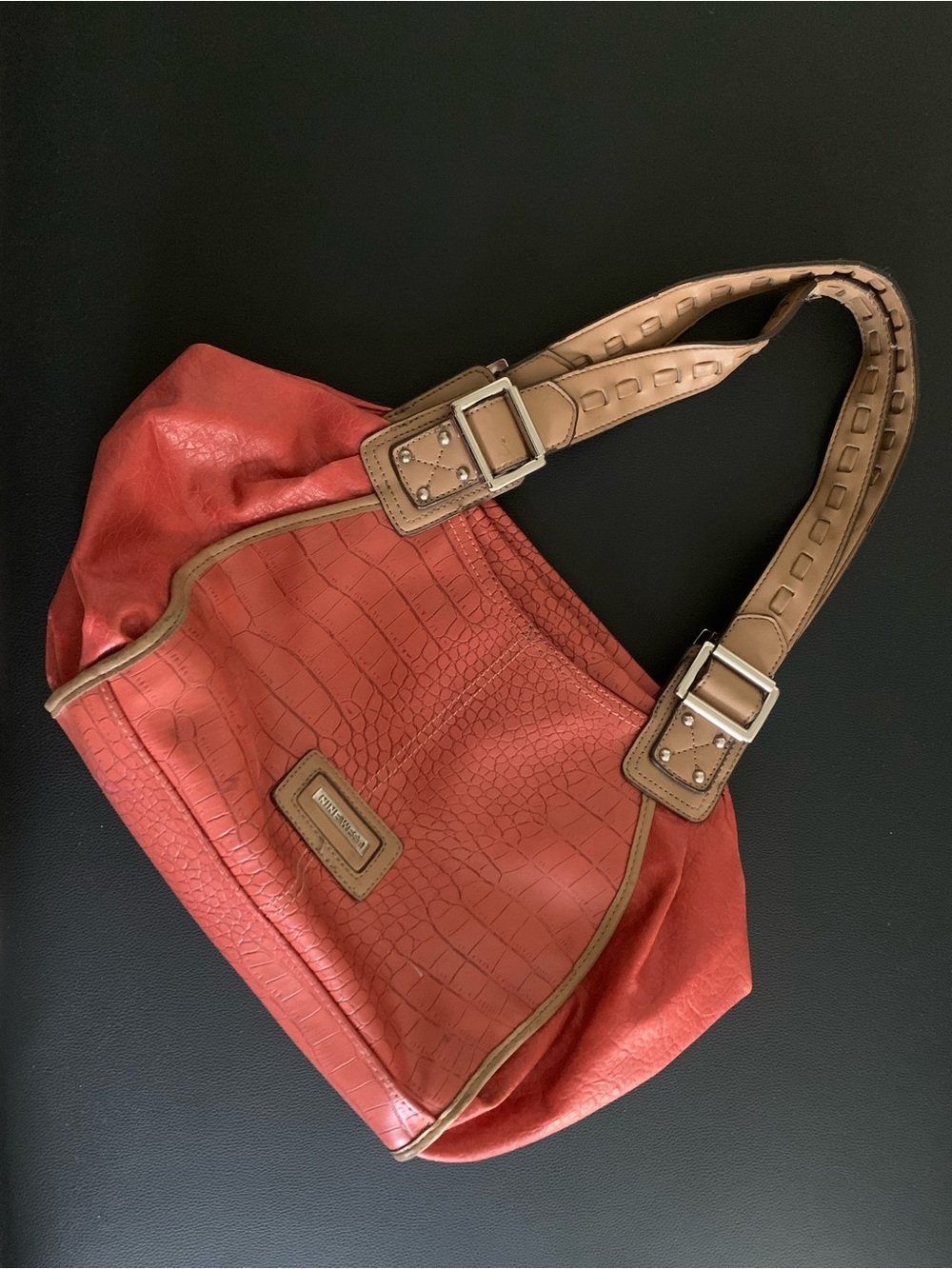 NINE WEST Coral/Burnt Orange Faux-Croc Shoulder Bag with Tan Straps